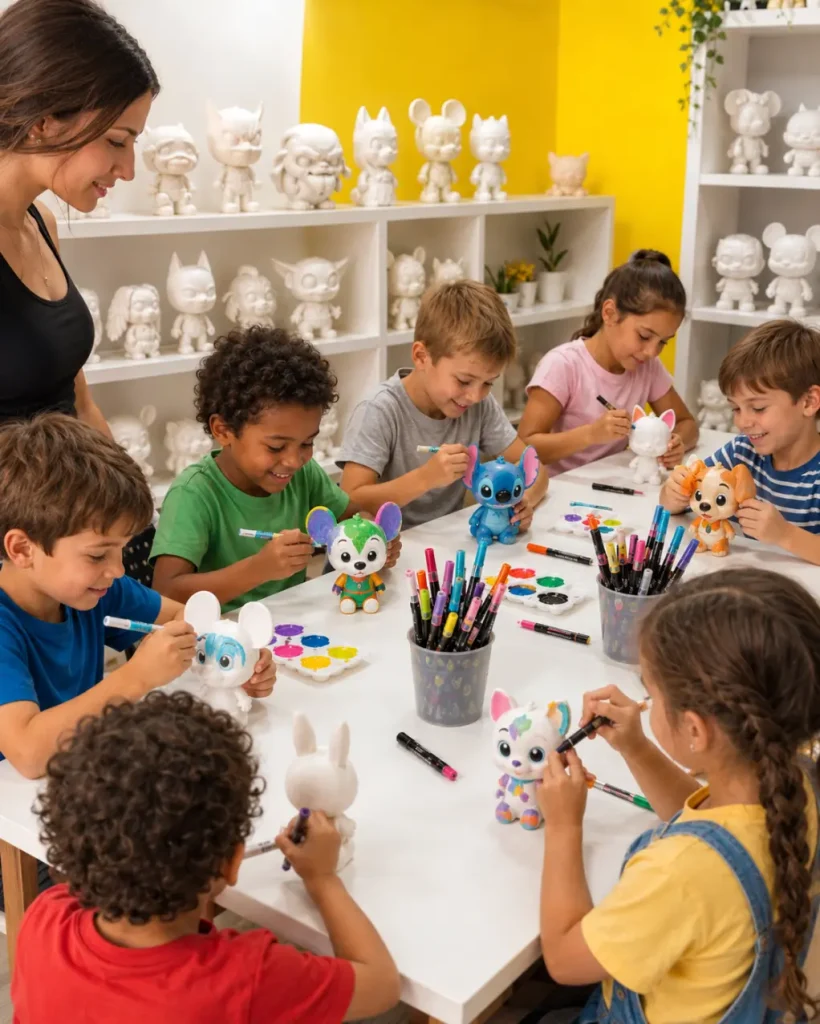 Niños y niñas pintando figuras coleccionables en un cumpleaños creativo de Flux Kids en A Coruña