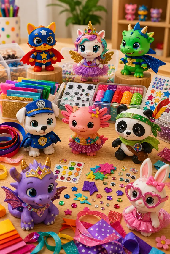 Figuras personalizadas con telas, cintas, pegatinas, abalorios y goma EVA en la actividad Pinta tu figura de Flux Kids A Coruña