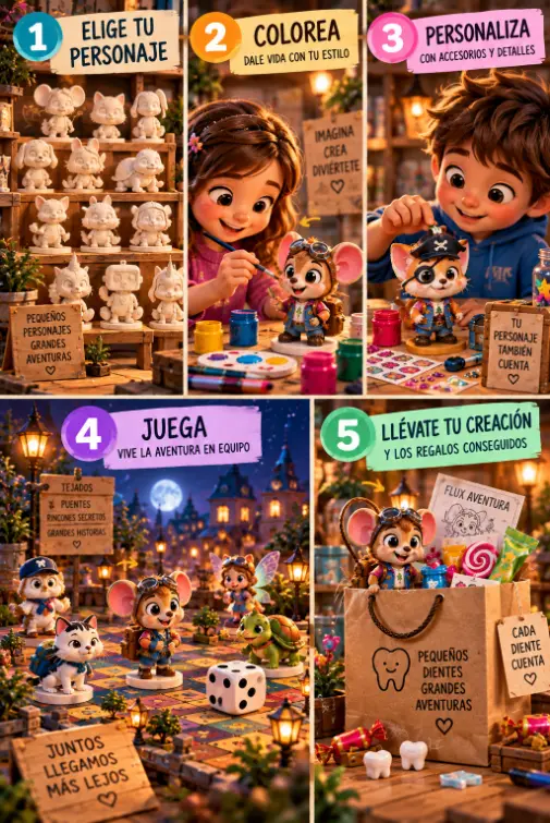 Infografía de Los ayudantes del Ratoncito Pérez con los pasos de elegir personaje, colorearlo, personalizarlo, jugar y llevarse la creación con regalos.
