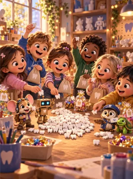 Niños reuniendo dientes conseguidos durante la actividad Los ayudantes del Ratoncito Pérez antes de recibir sus regalos sorpresa.
