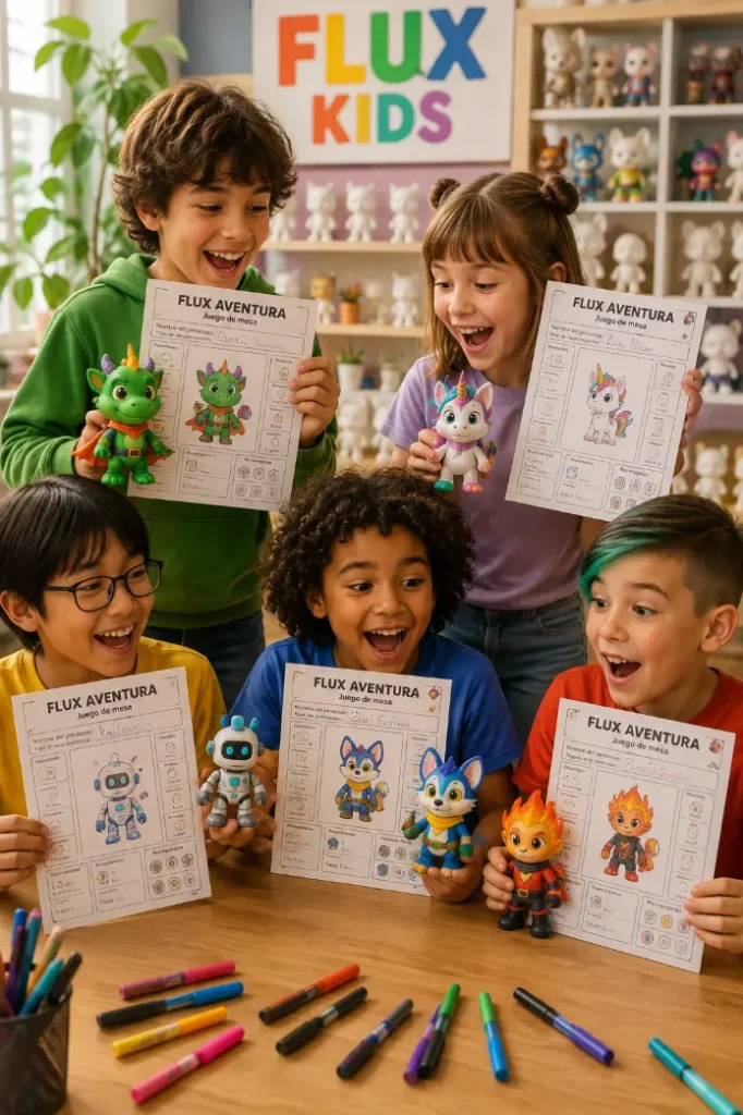 Niños mostrando su ficha de personaje FLUX AVENTURA junto a la figura personalizada en Flux Kids A Coruña