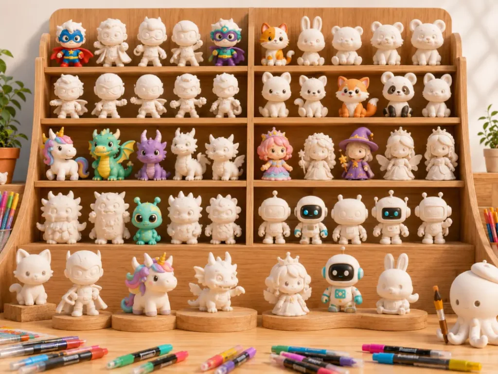 Estantería con figuras de superhéroes, animales, criaturas fantásticas, princesas y robots para pintar en Flux Kids A Coruña