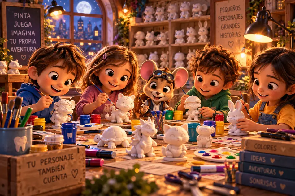 Niños pintando figuras 3D blancas de personajes de Los ayudantes del Ratoncito Pérez en un taller creativo.
