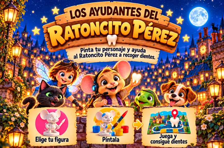 Cartel de Los Ayudantes del Ratoncito Pérez en FLUX Kids, actividad infantil de pintar figuras y jugar en un tablero para recoger dientes.