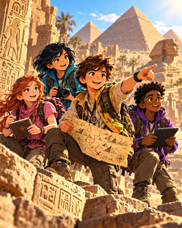 Cuatro niños exploradores descubren pistas entre las pirámides de Egipto en la aventura infantil de Odiseo Jones y Tutankamón.