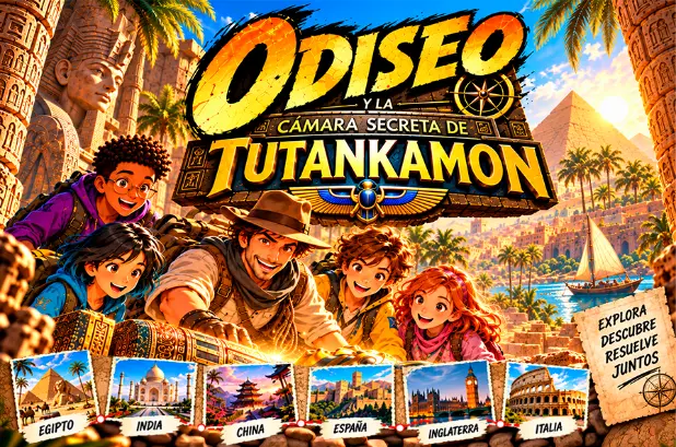 Cartel de Odiseo y la Cámara Secreta de Tutankamón, escape room infantil en A Coruña con aventuras y enigmas por el mundo.